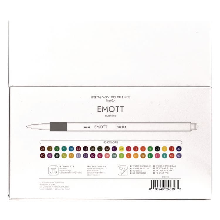 UNI EMOTT ever fine Porous Point Pen, Stick, Fine 0.4 mm, Assorted Ink Colors, White Barrel, 40/Pack (UBC24839) thumbnail 2