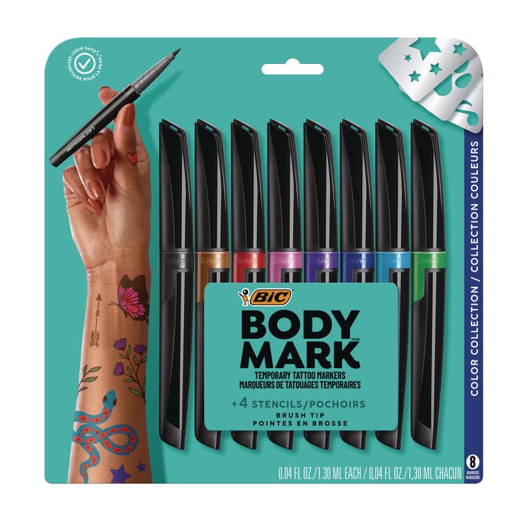 BIC CORP. BodyMark Temporary Tattoo Markers, Fine Brush Tip, Assorted Colors, 8/Pack (BICMTBP81AST)
