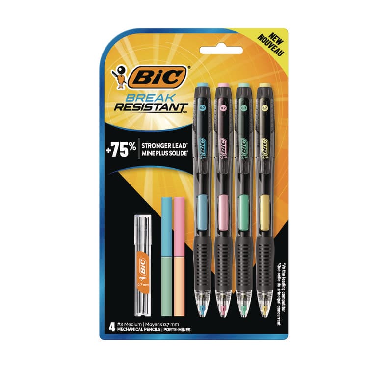 BIC CORP. Break-Resistant Mechanical Pencils with Erasers, 0.7 mm, HB (#2), Black Lead, Assorted Barrel Colors, 4/Pack (BICMV7PRP4BLK)