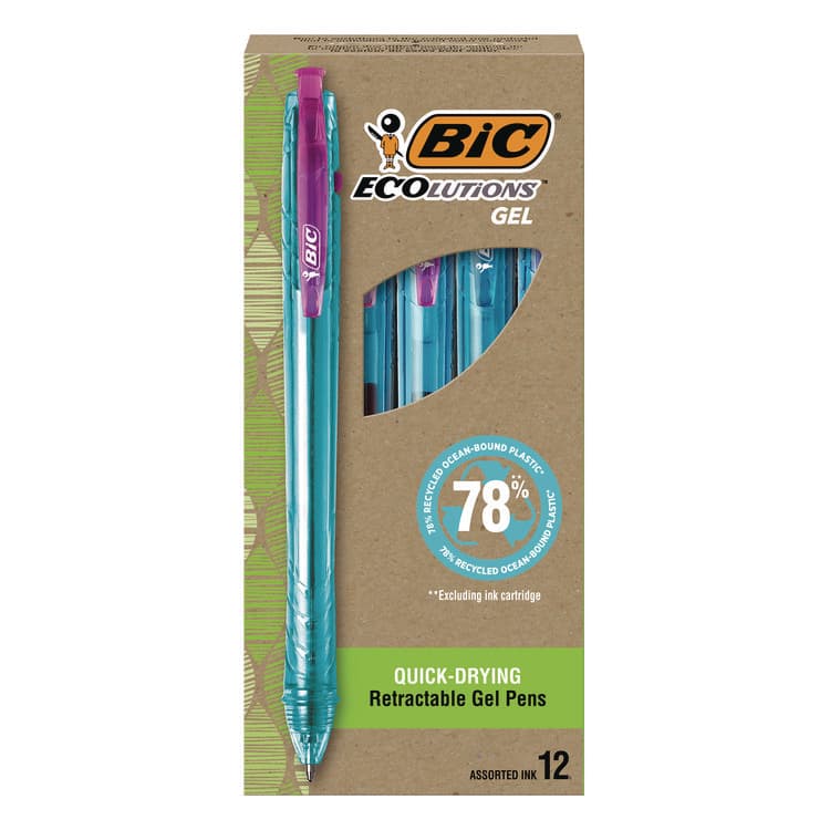 BIC CORP. Ecolutions Gel Pen, Retractable, Medium 1 mm, Assorted Ink Colors, Blue Barrel, 12/Pack (BICRGLE11AST)
