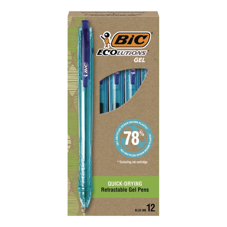 BIC CORP. Ecolutions Gel Pen, Retractable, Medium 1 mm, Blue Ink, Blue Barrel, 12/Pack (BICRGLE11BLU)