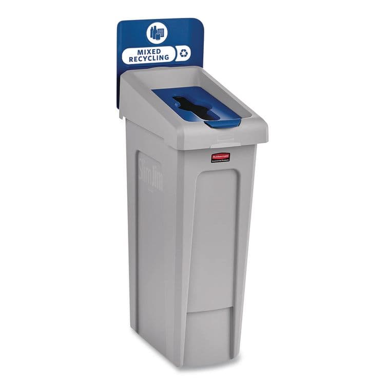 RUBBERMAID COMMERCIAL PROD. Slim Jim Recycling Station Kit, 1-Stream Mixed Recycling, 23 gal, Plastic, Gray/Blue (RCP2185055) thumbnail 2