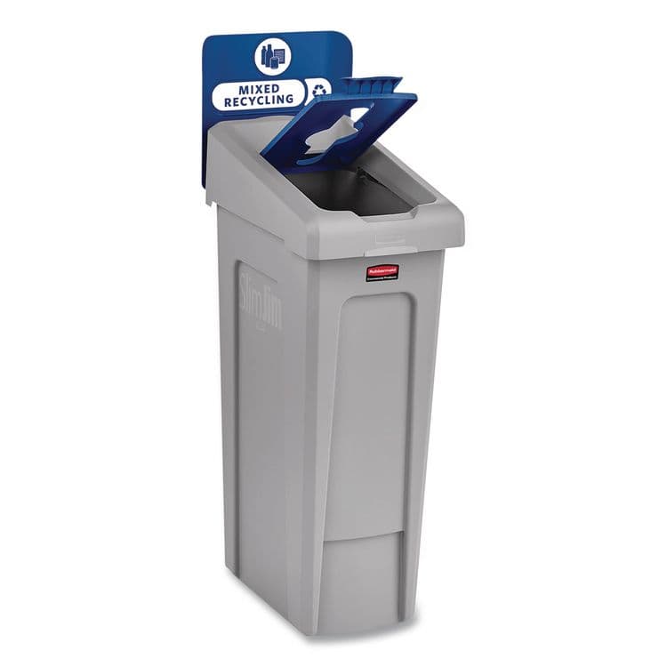 RUBBERMAID COMMERCIAL PROD. Slim Jim Recycling Station Kit, 1-Stream Mixed Recycling, 23 gal, Plastic, Gray/Blue (RCP2185055) thumbnail 3