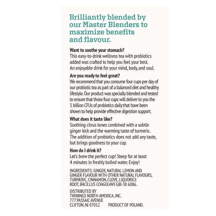 TWININGS NORTH AMERICA Probiotics Lemon and Ginger Herbal Tea Bags, 0.05 oz, 18/Box (TWGTNA95223) thumbnail 4