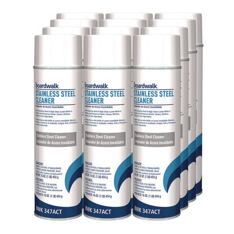 BOARDWALK Stainless Steel Cleaner and Polish, Water-in-Oil Based, Lemon Scent, 18 oz Aerosol Spray, 12/Carton (BWK347ACT)