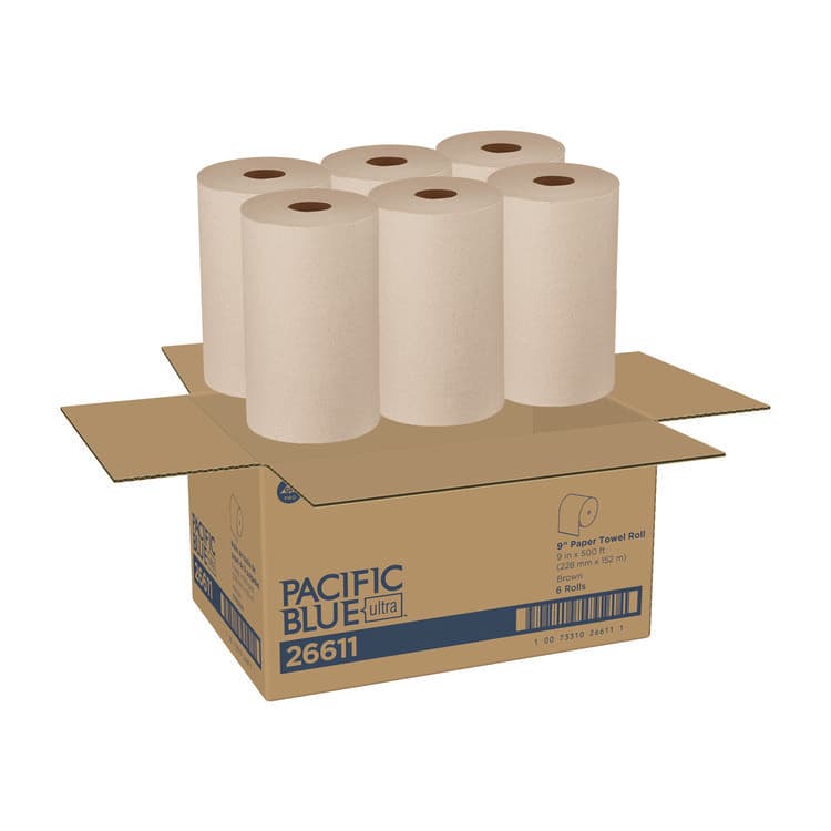 GEORGIA PACIFIC Pacific Blue Ultra Paper Towels, 1-Ply, 9" x 6,000 ft, Brown, 6/Carton (GPC26611)