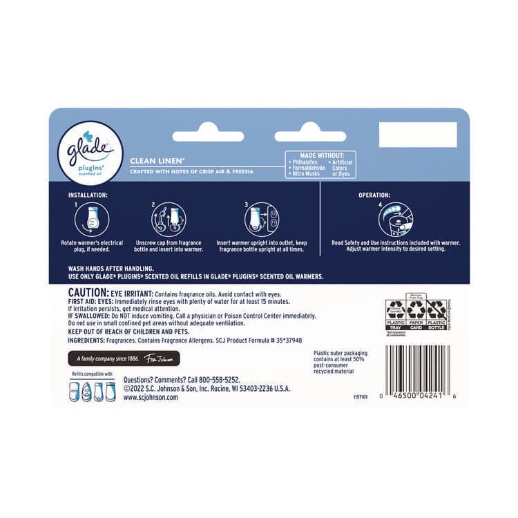 SC JOHNSON Plugins Scented Oil Refill, Clean Linen, 0.67, 7/Pack (SJN350781) thumbnail 2