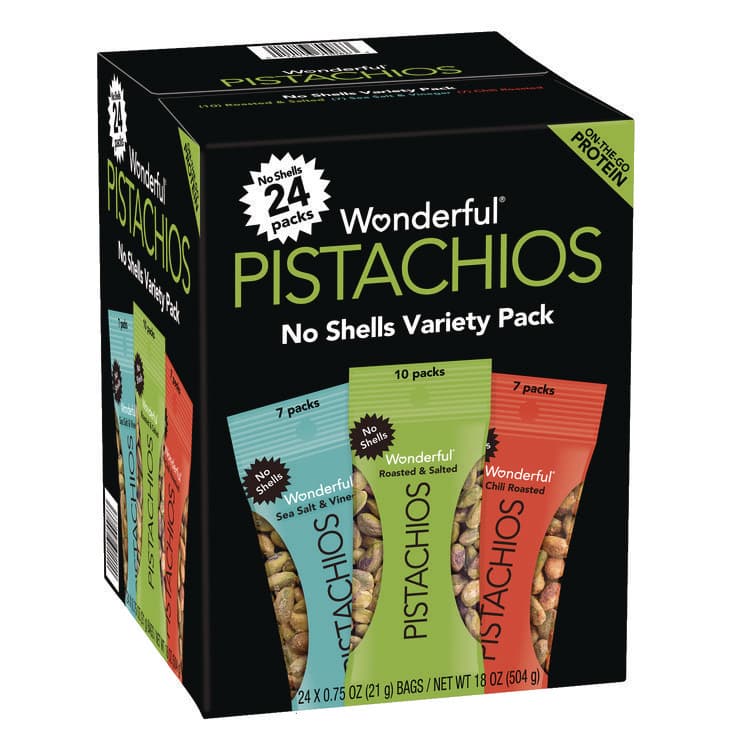 THE WONDERFUL COMPANY, LLC No Shells Roasted and Salted Pistachios Variety Pack, Assorted Flavors, 0.75 oz Bag, 24/Carton (WONPAR70086)