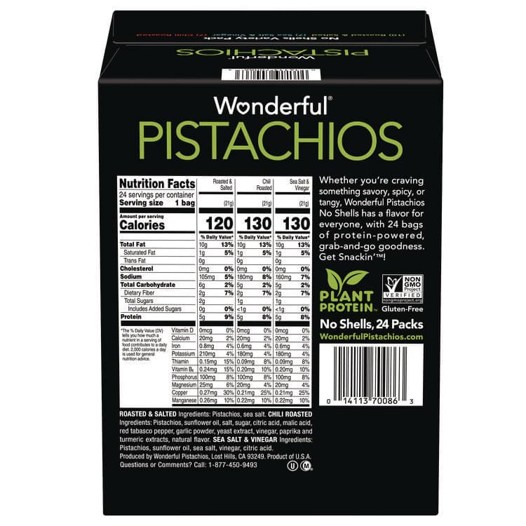 THE WONDERFUL COMPANY, LLC No Shells Roasted and Salted Pistachios Variety Pack, Assorted Flavors, 0.75 oz Bag, 24/Carton (WONPAR70086) thumbnail 2
