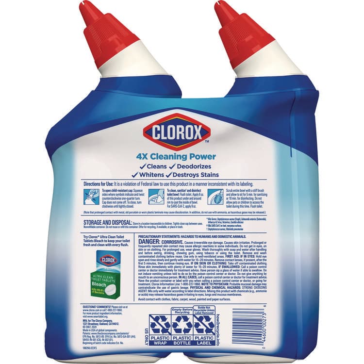 CLOROX SALES CO. Disinfecting Toilet Bowl Cleaner with Bleach, Rain Clean Scent, 24 oz Bottle, 2/Pack (CLO30924) thumbnail 3
