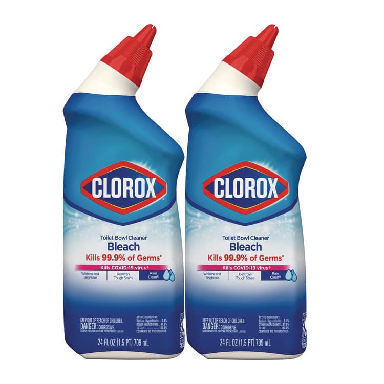 CLOROX SALES CO. Disinfecting Toilet Bowl Cleaner with Bleach, Rain Clean Scent, 24 oz Bottle, 2/Pack (CLO30924)