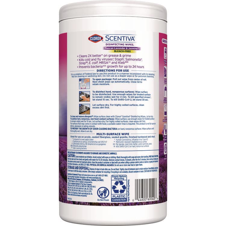 CLOROX SALES CO. Scentiva Bleach Free Cleaning Wipes, 7.75 x 7, Tuscan Lavender and Jasmine, 75/Canister (CLO60040) thumbnail 2