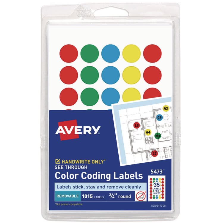 AVERY PRODUCTS CORPORATION Handwrite-Only Self-Adhesive "See Through" Removable Round Color Dots, 0.75" dia, Assorted, 35/Sheet, 29 Sheets/Pack, (5473) (AVE05473)