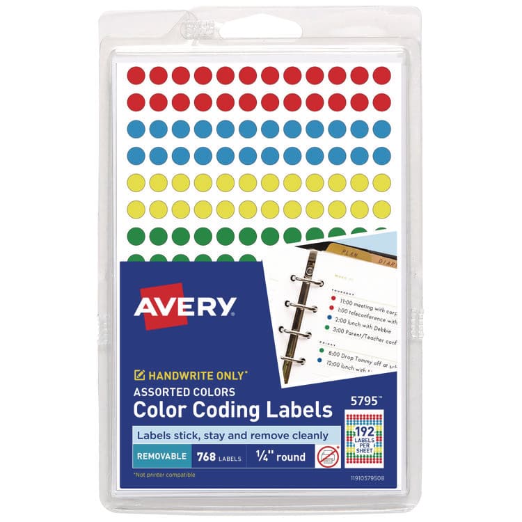 AVERY PRODUCTS CORPORATION Handwrite Only Self-Adhesive Removable Round Color-Coding Labels, 0.25" dia, Assorted, 192/Sheet, 4 Sheets/Pack, (5795) (AVE05795)