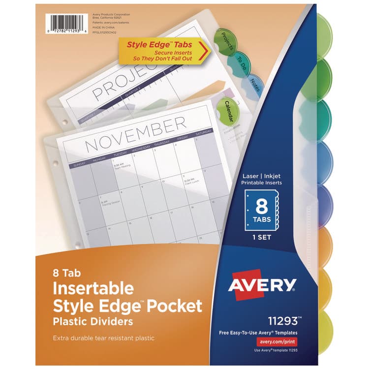 AVERY PRODUCTS CORPORATION Insertable Style Edge Tab Plastic 1-Pocket Dividers, 8-Tab, 11.25 x 9.25, Translucent, 1 Set (AVE11293)