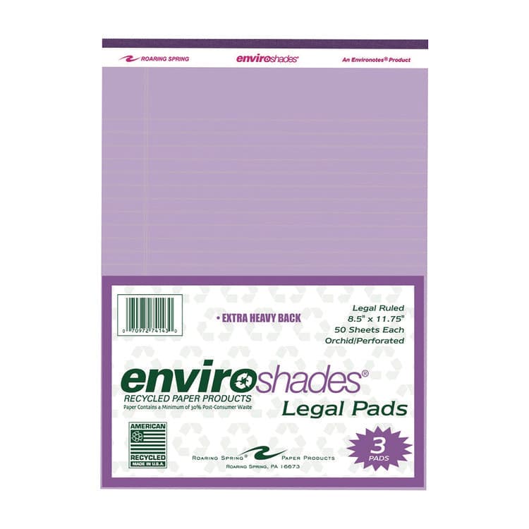ROARING SPRING PAPER PRODUCTS EnviroShades Legal Notepads, Wide/Legal Rule, (50) Orchid 8.5 x 11 Sheets, 3/Pack (ROA74143)