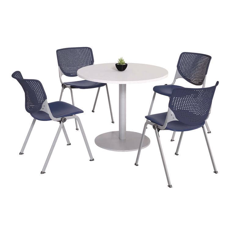 KFI STUDIOS Pedestal Table with Four Navy Kool Series Chairs, Round, 36" Dia x 29h, Designer White (KFI811774036665)
