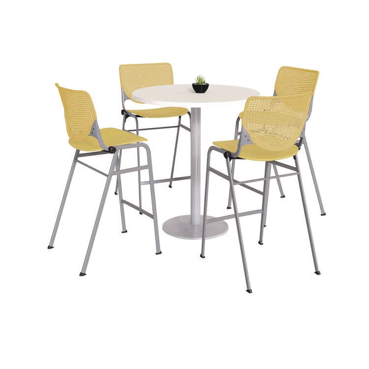 KFI STUDIOS Pedestal Bistro Table with Four Yellow Kool Series Barstools, Round, 36"Dia x 41h, Designer White (KFI811774037099)