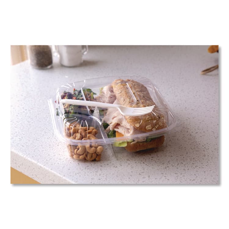 ECO-PRODUCTS,INC. Renewable and Compostable Clear Clamshell Hinged Food Containers, 3 Compartments, 8 x 8 x 3, Plastic, 80/Pack, 2 Packs/Carton (ECOEPLC83) thumbnail 2