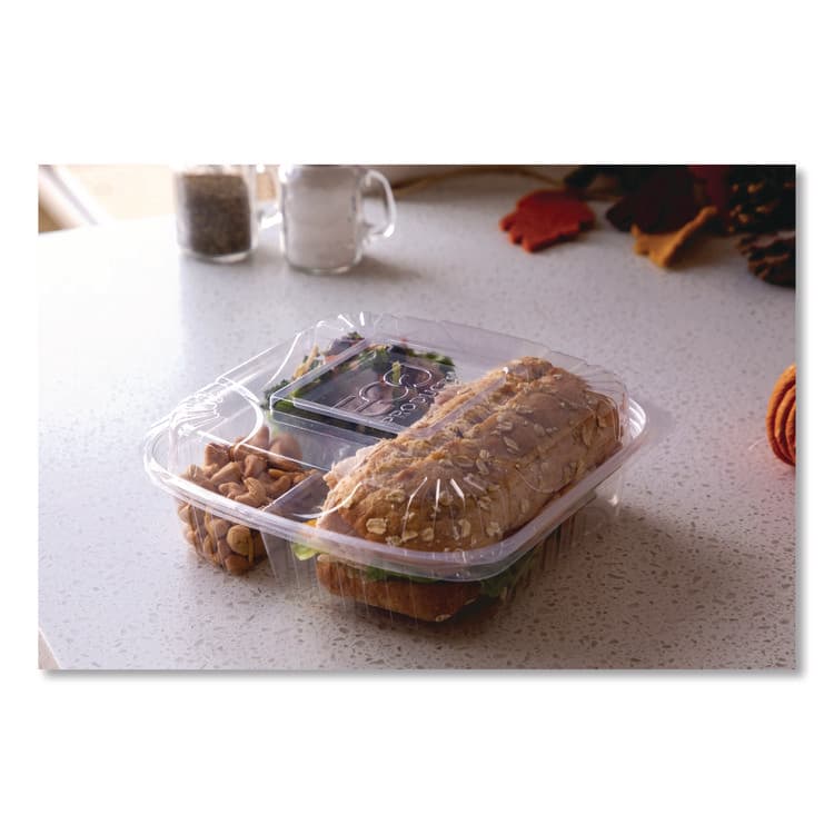 ECO-PRODUCTS,INC. Renewable and Compostable Clear Clamshell Hinged Food Containers, 3 Compartments, 8 x 8 x 3, Plastic, 80/Pack, 2 Packs/Carton (ECOEPLC83) thumbnail 3