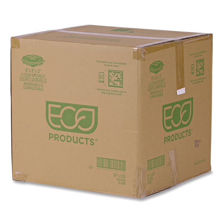 ECO-PRODUCTS,INC. Renewable and Compostable Clear Clamshell Hinged Food Containers, 3 Compartments, 8 x 8 x 3, Plastic, 80/Pack, 2 Packs/Carton (ECOEPLC83) thumbnail 4