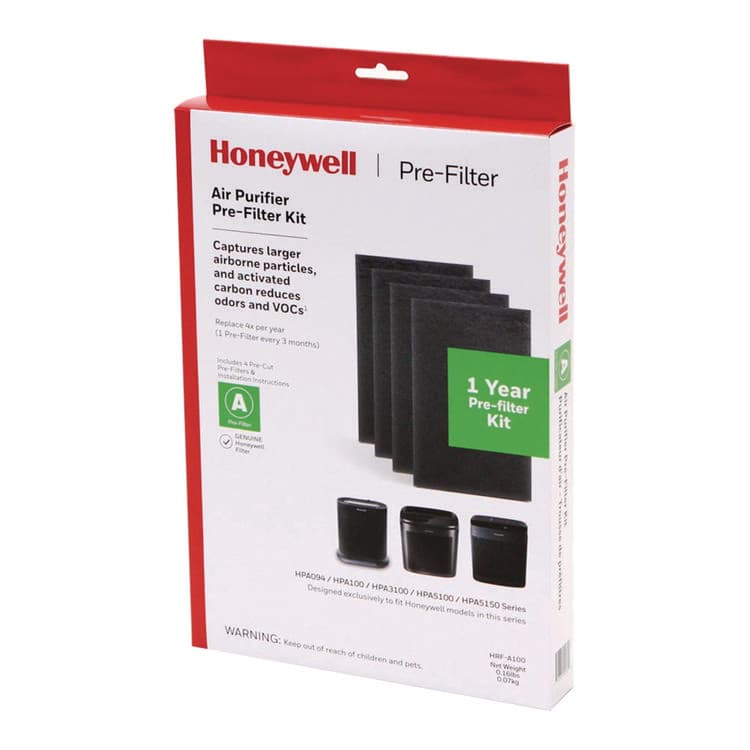 HONEYWELL ENVIRONMENTAL Pre-Cut Carbon Pre-Filter, Fits Models: HPA094/HPA100/HPA101/HPA104/HPA105/HPA106/HPA3100/HPA5100/HPA5150, Box of 4 Filters (HWLHRFA100)