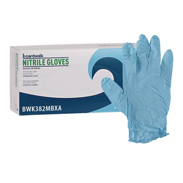 BOARDWALK Disposable Examination Nitrile Gloves, Powder-Free, Medium, 5 mil Thick, 9.5" Long, Blue, 100/Box, 10 Boxes/Carton (BWK382MCTA) thumbnail 2