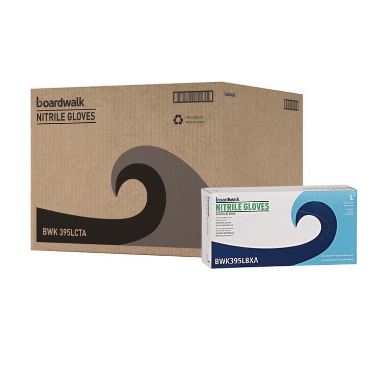 BOARDWALK 395 Series Disposable General-Purpose Nitrile Gloves, Powder-Free, Large, 5 mil Thick, 9.5" Long, Blue, 100/Box, 10 Boxes/CT (BWK395LCTA)