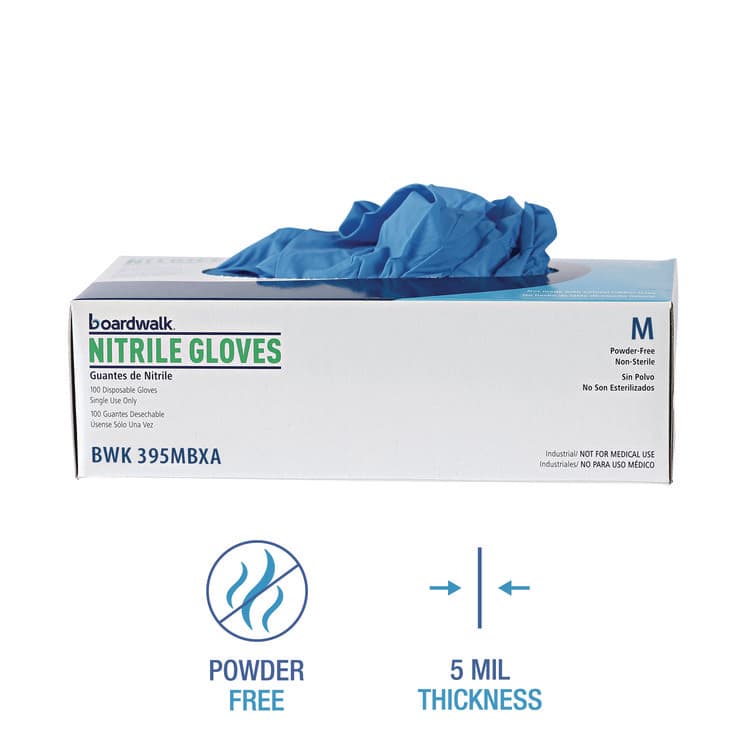 BOARDWALK 395 Series Disposable General-Purpose Nitrile Gloves, Powder-Free, Medium, 5 mil Thick, 9.5" Long, Blue, 100/Box, 10 Boxes/CT (BWK395MCTA) thumbnail 3
