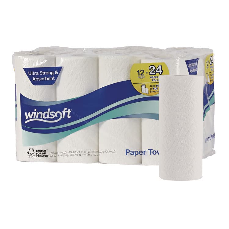 WINDSOFT Premium Kitchen Roll Towels, 2-Ply, 11 x 6, White, 110/Roll, 12 Rolls/Carton (WIN12216)