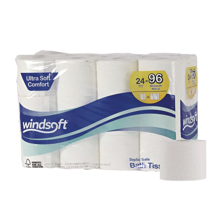 WINDSOFT Premium Bath Tissue, Septic Safe, 2-Ply, White, 284 Sheets/Roll, 24 Rolls/Carton (WIN24244)