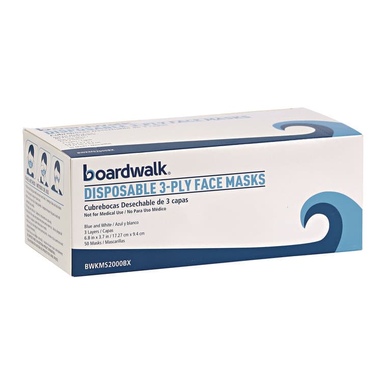 BOARDWALK Three-Ply General Use Face Mask, Polypropylene, One Size Fits Most, Blue, 50/Box (BWKMS2000BX)
