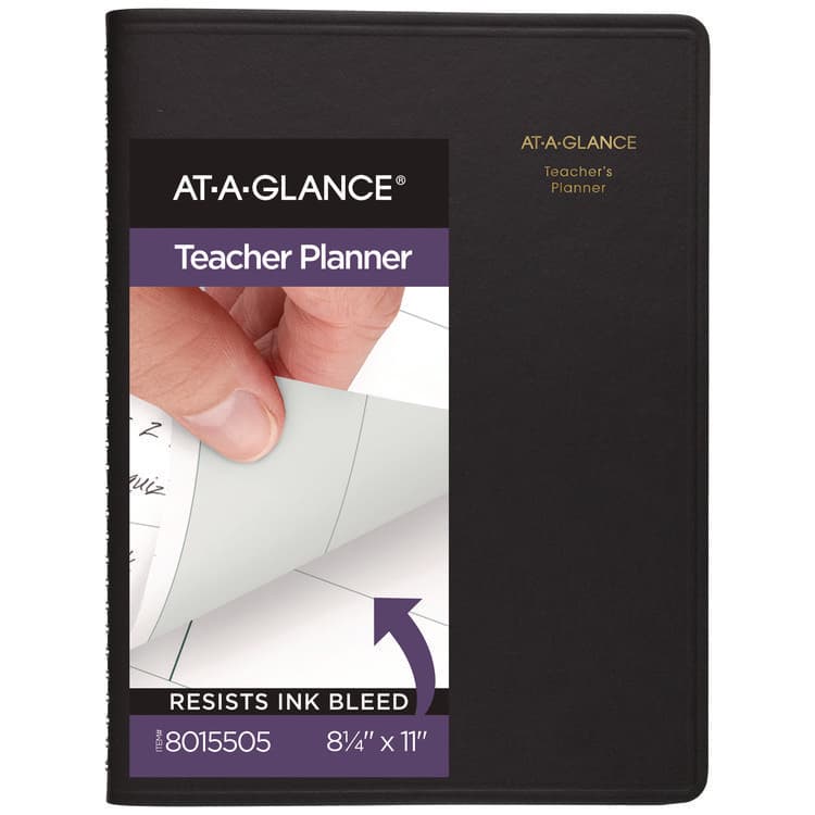 AT-A-GLANCE Undated Teacher's Planner, Weekly, 9 Classes, Black Cover, 10.88 x 8.25 Sheets, 12-Month (July to June) (AAG8015505)