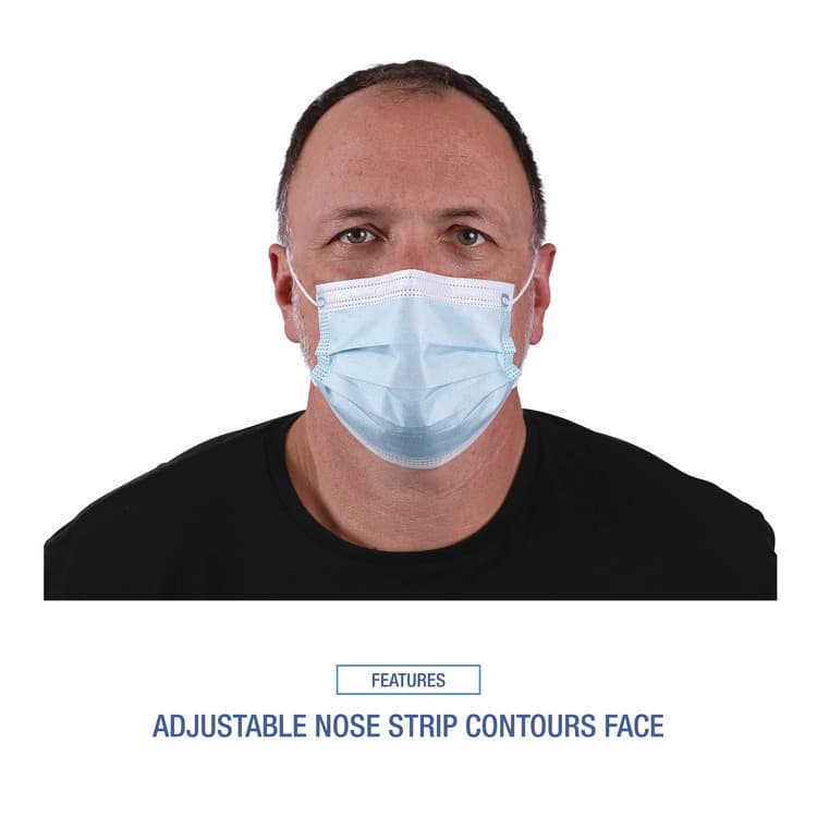 BOARDWALK Three-Ply General Use Face Mask, Polypropylene, One Size Fits Most, Blue, 50/Box (BWKMS2000BX) thumbnail 4