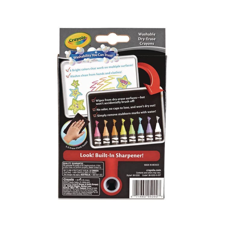 BINNEY & SMITH / CRAYOLA Washable Dry Erase Crayons with Built-In Sharpener and E-Z Erase Cloth, Large Size, 0.44 x 4, 8 Assorted Bright Colors, 8/Box (CYO985202) thumbnail 4