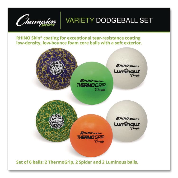 CHAMPION SPORT Rhino Skin Luminous, Spider and ThermoGrip Dodgeball Set, 6.3" Diameter, Assorted Colors, 6/Set (CSIRXVARIETYSET) thumbnail 2