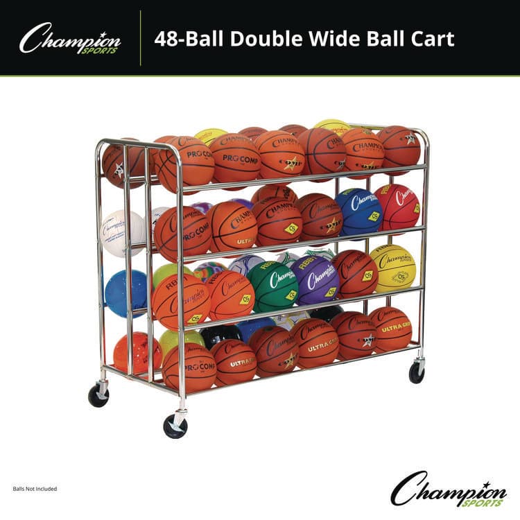 CHAMPION SPORT 48 Ball Double Wide Ball Cart, Metal, 176 lb Capacity, 24 x 55.5 x 46.5, Chrome (CSIBRC48) thumbnail 2