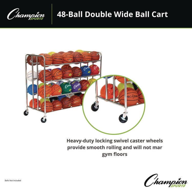 CHAMPION SPORT 48 Ball Double Wide Ball Cart, Metal, 176 lb Capacity, 24 x 55.5 x 46.5, Chrome (CSIBRC48) thumbnail 3