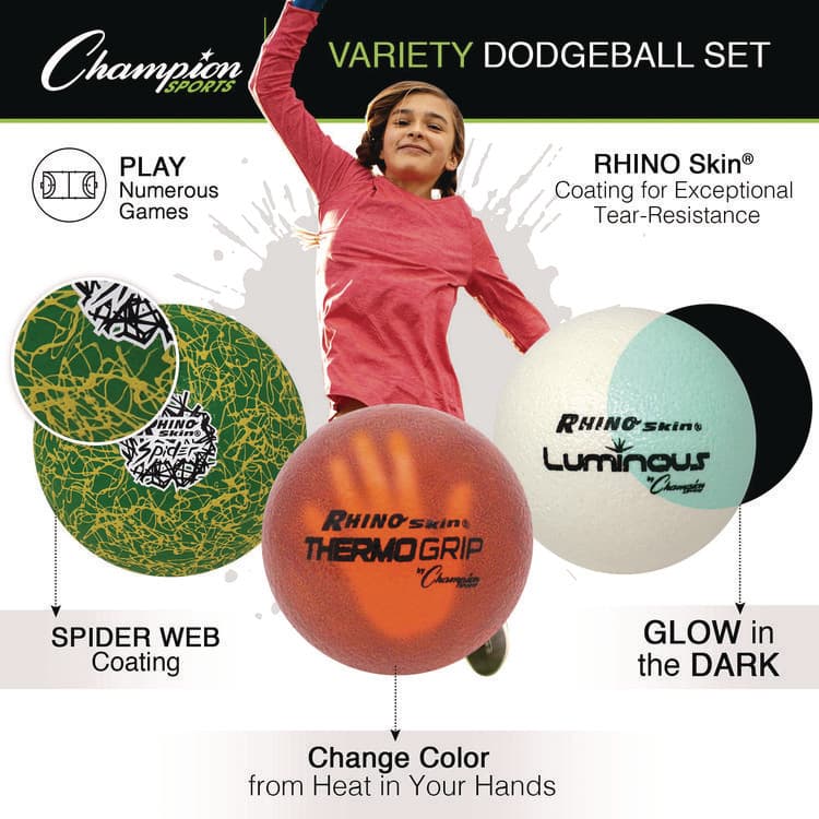 CHAMPION SPORT Rhino Skin Luminous, Spider and ThermoGrip Dodgeball Set, 6.3" Diameter, Assorted Colors, 6/Set (CSIRXVARIETYSET) thumbnail 3