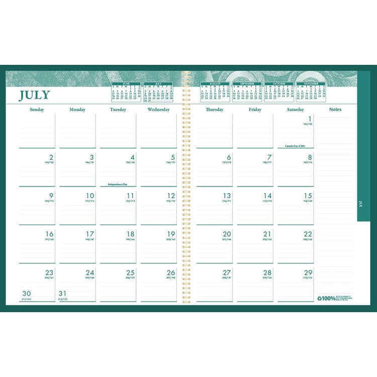 HOUSE OF DOOLITTLE 100% Recycled MonoBright Monthly/Weekly Planner, 11 x 8.5, Green/Gold Cover, 12-Month (July to June): 2025 to 2026 (HOD283509)