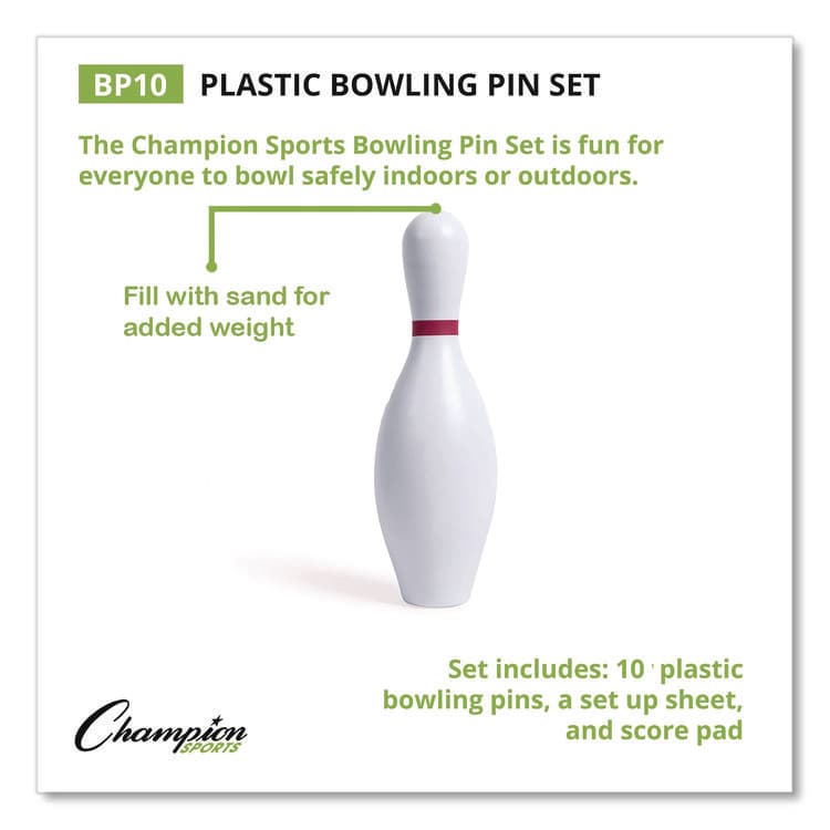 CHAMPION SPORT Plastic Bowling Pin Set, White, 10/Set (CSIBP10) thumbnail 3