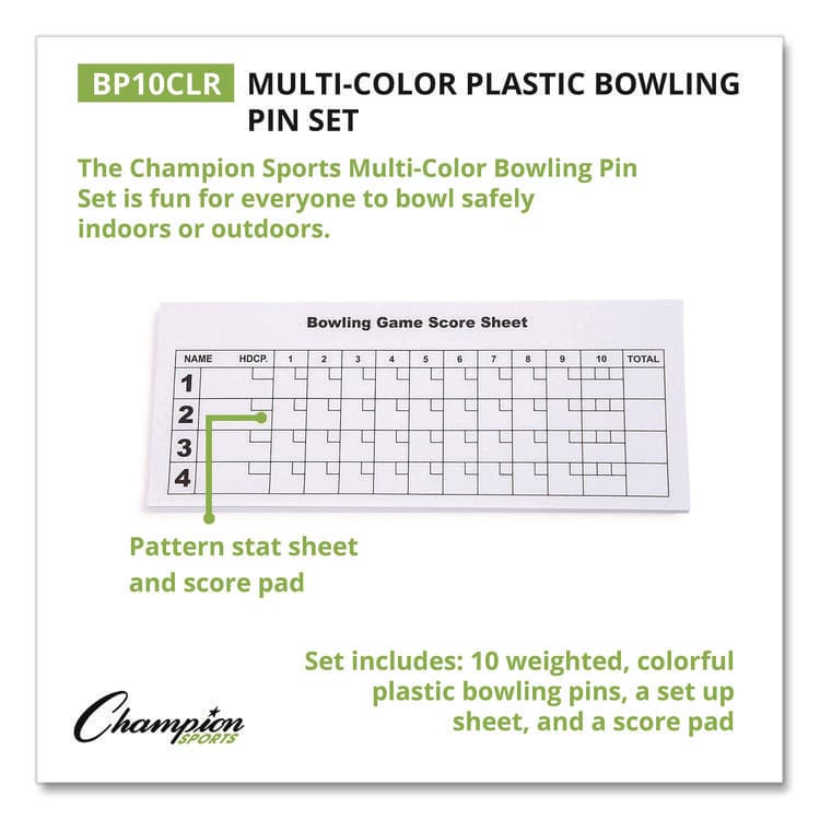 CHAMPION SPORT Plastic Bowling Pin Set, Assorted Colors, 10/Set (CSIBP10CLR) thumbnail 2