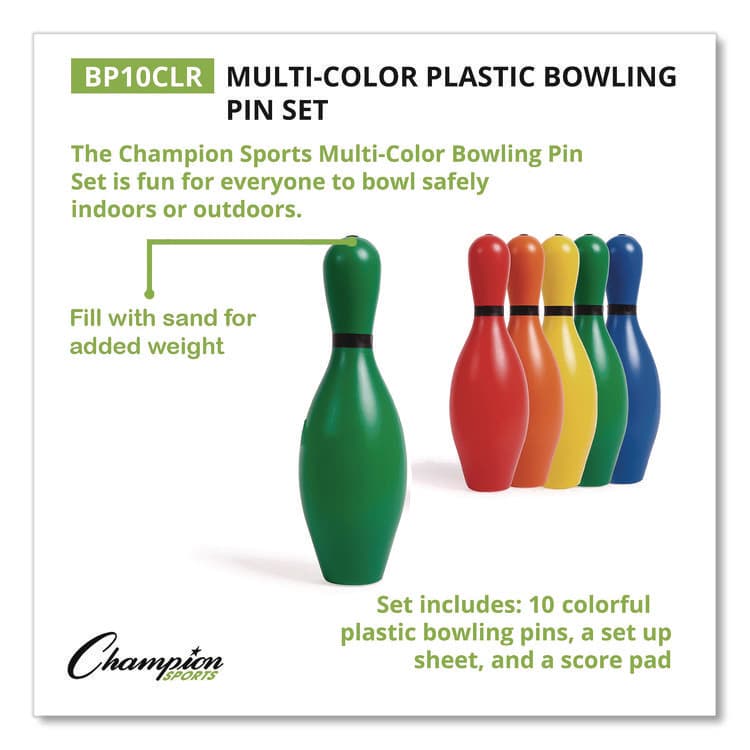 CHAMPION SPORT Plastic Bowling Pin Set, Assorted Colors, 10/Set (CSIBP10CLR) thumbnail 3