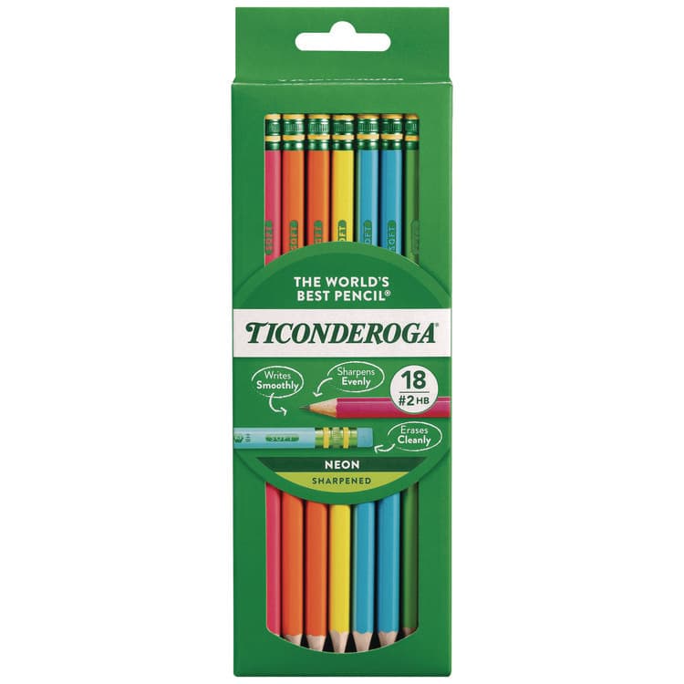 DIXON TICONDEROGA CO. Pre-Sharpened Pencil, 2.2 mm, HB (#2), Black Lead, Neon Assorted Barrel Colors, 18/Pack (DIXX13018)