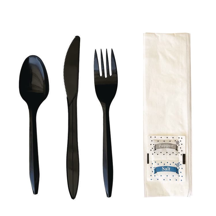 BOARDWALK Six-Piece Cutlery Kit, Mediumweight, Fork/Knife/Napkin/Pepper/Salt/Spoon, 5.86", Plastic, Black, 250/Carton (BWKCOMBO6KIT) thumbnail 3