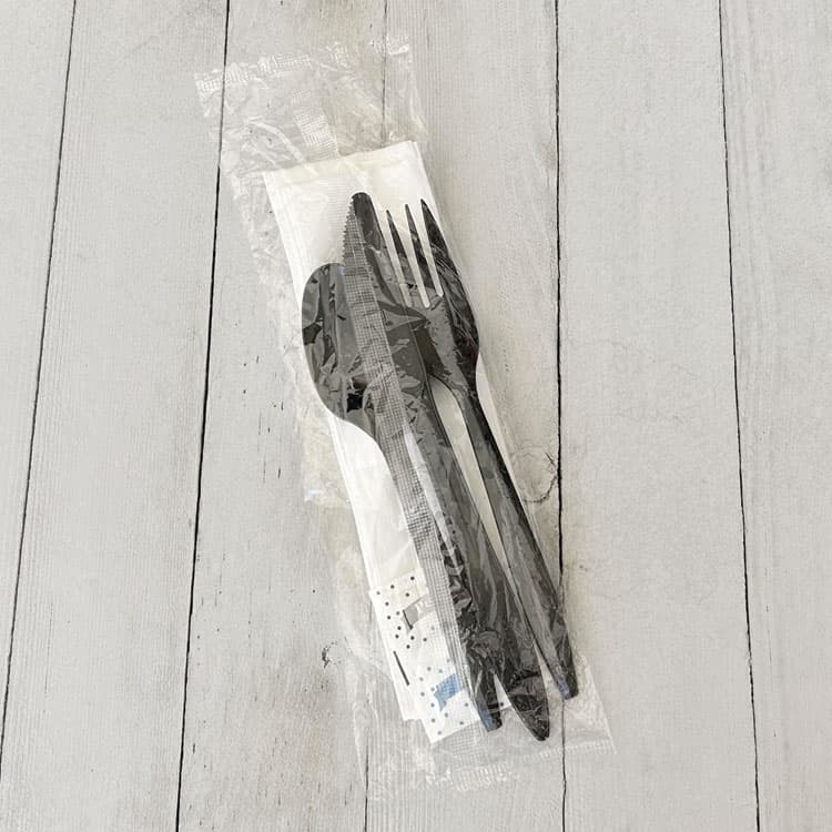 BOARDWALK Six-Piece Cutlery Kit, Mediumweight, Fork/Knife/Napkin/Pepper/Salt/Spoon, 5.86", Plastic, Black, 250/Carton (BWKCOMBO6KIT) thumbnail 4