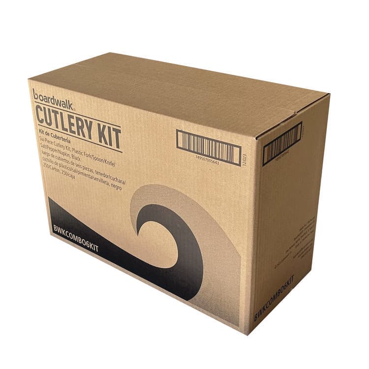 BOARDWALK Six-Piece Cutlery Kit, Mediumweight, Fork/Knife/Napkin/Pepper/Salt/Spoon, 5.86", Plastic, Black, 250/Carton (BWKCOMBO6KIT) thumbnail 2