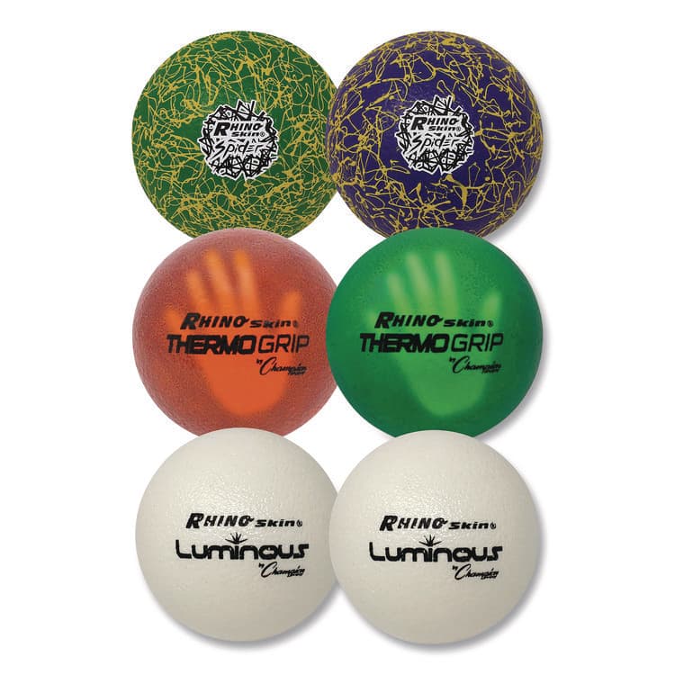 CHAMPION SPORT Rhino Skin Luminous, Spider and ThermoGrip Dodgeball Set, 6.3" Diameter, Assorted Colors, 6/Set (CSIRXVARIETYSET)