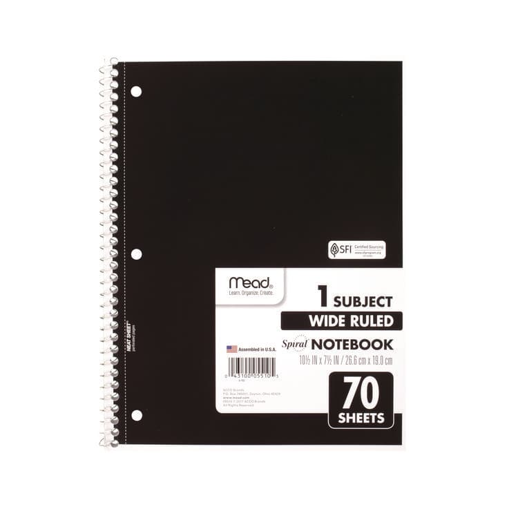 MEAD PRODUCTS Spiral Notebook, One-Subject, Wide/Legal Rule, Randomly Assorted Cover Color, (70) 10.5" x 7.5" Sheets (MEA05510)