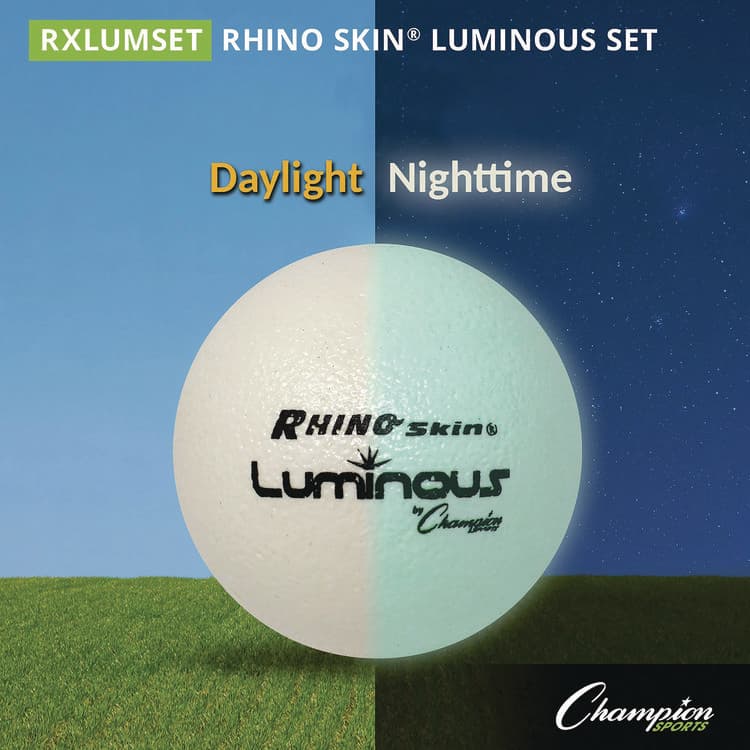 CHAMPION SPORT Rhino Skin Luminous Dodgeball Set, 6.3" Diameter, Luminous White/Blue, 6/Set (CSIRXLUMSET) thumbnail 2
